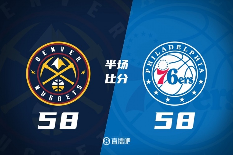 天天盈球即时比分直播-半场战报-掘金8人缺阵仍58-58战平76人 皮克特14分 恩比德15分